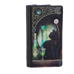 A gothic style long embossed purse featuring a black cat with a bottle and glass of green Absinthe set against a mystical artwork background.