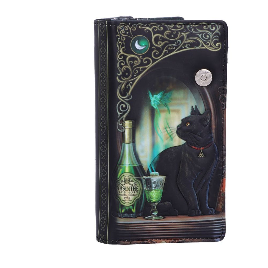 A gothic style long embossed purse featuring a black cat with a bottle and glass of green Absinthe set against a mystical artwork background.