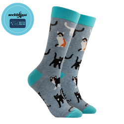 Cat-patterned socks with teal accents on a white background, featuring the Socktopus brand.