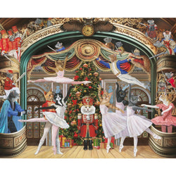 Illustration of cats in ballet costumes with a Nutcracker scene in the background