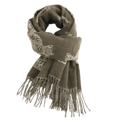 A knitted scarf in a muted taupe-brown color with white cat motifs woven throughout and fringed ends