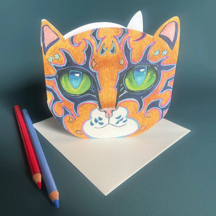 Orange Cat Face Die Cut Greetings Card