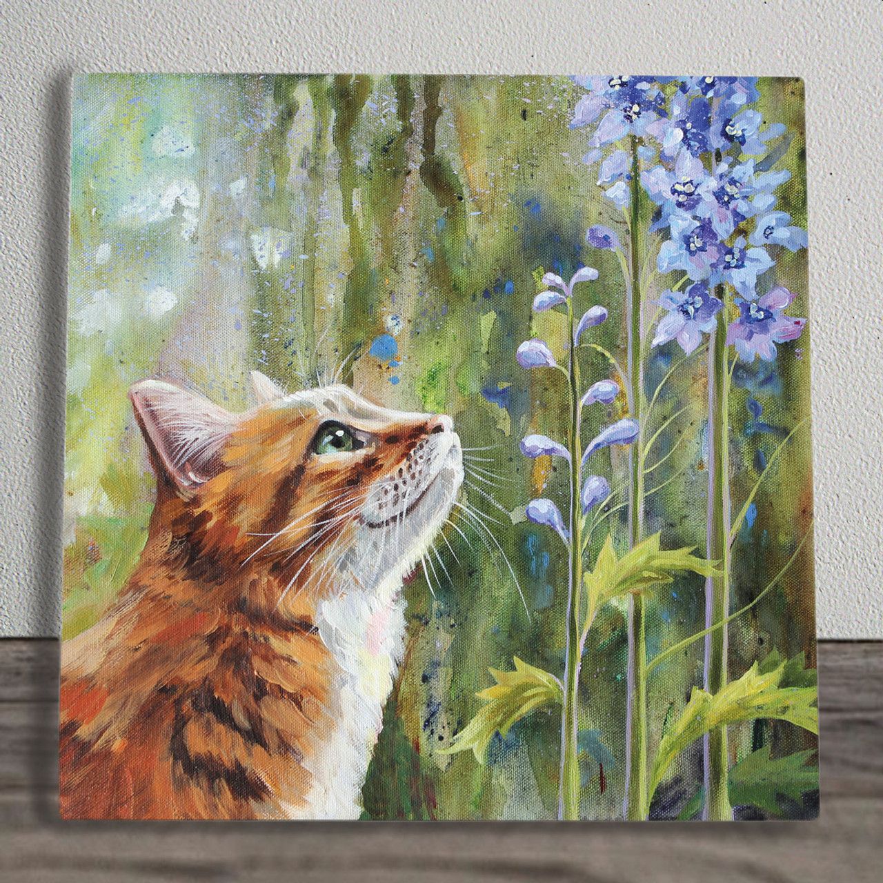 Ginger & White Cat with Blue Flowers picture