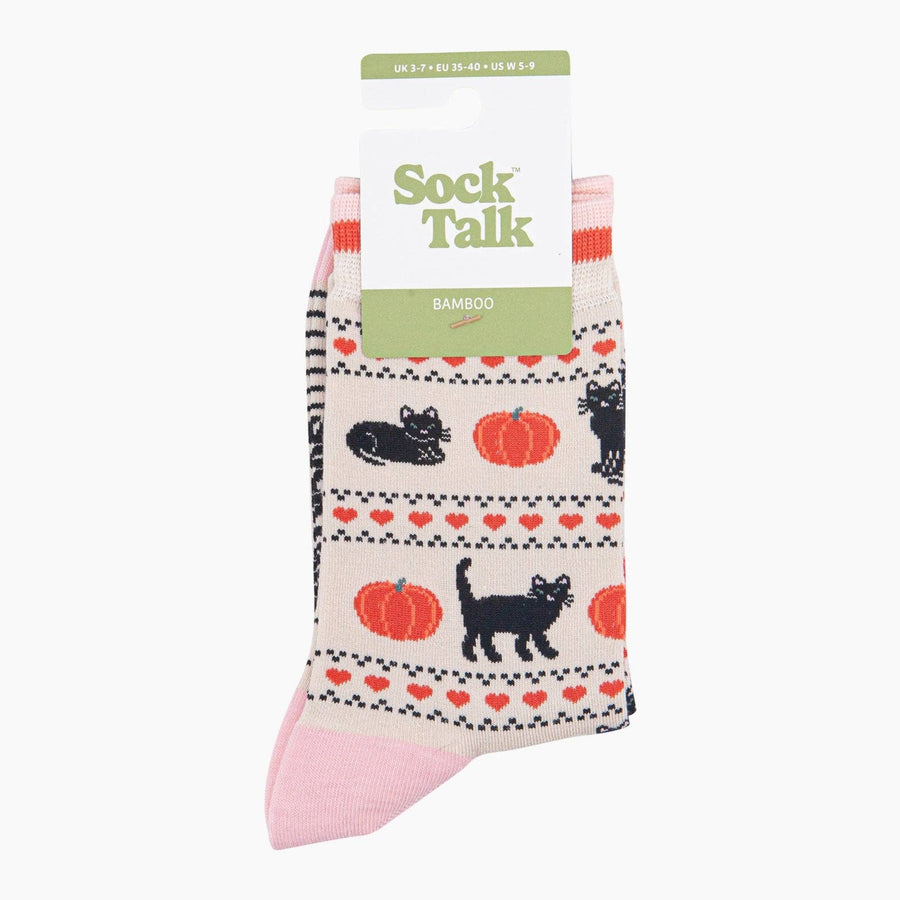 A pair of Sock Talk bamboo crew socks featuring a black cat and orange pumpkin pattern