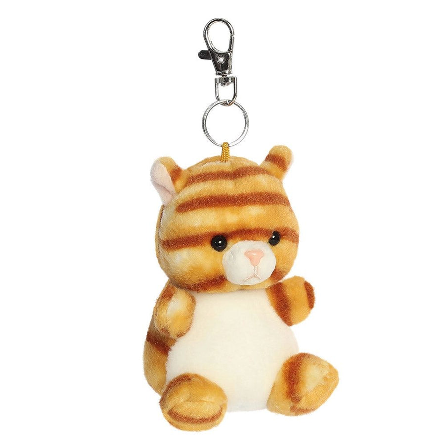 A plush tiger keychain featuring orange and cream stripes, a white belly, and a silver metal clasp at the top, shown against a plain white background.