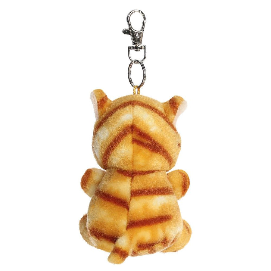 Plush tiger keychain with a clip on a white background