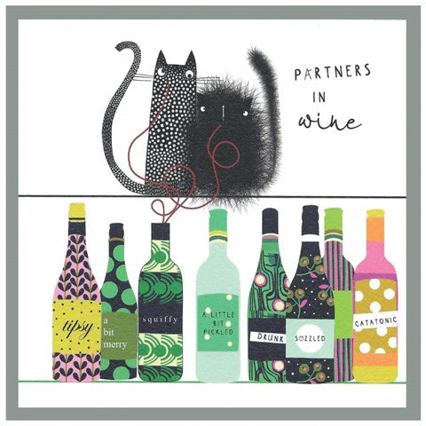 Contemporary greetings card black cat and black and white cat with wine bottles