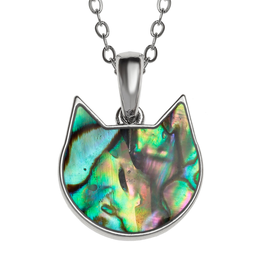 Paua Shell Cat Head pendant on a silver coloured chain