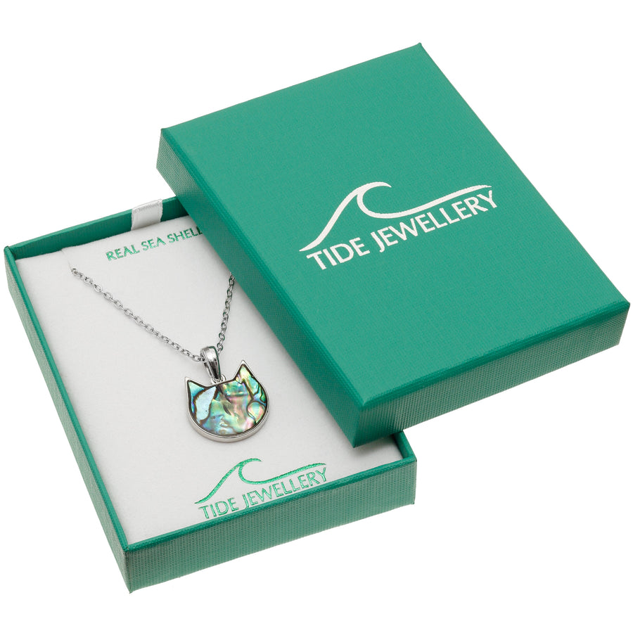 Paua Shell Cat Head pendant on a chain, presented in a green box with 'TIDE JEWELLERY' branding
