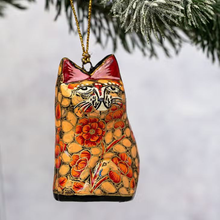 Fair Trade Painted Cat Decoration, Peach Floral