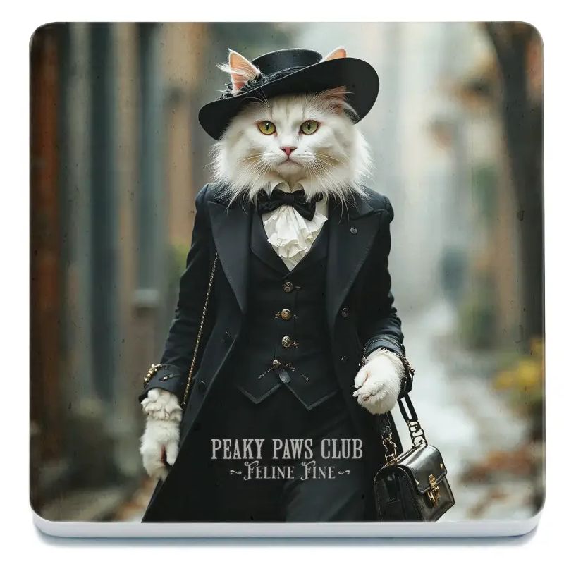 Peaky Paws, White Cat Black Hat Coaster