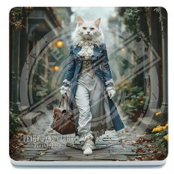 Peaky Paws, White Cat Blue Coat Coaster