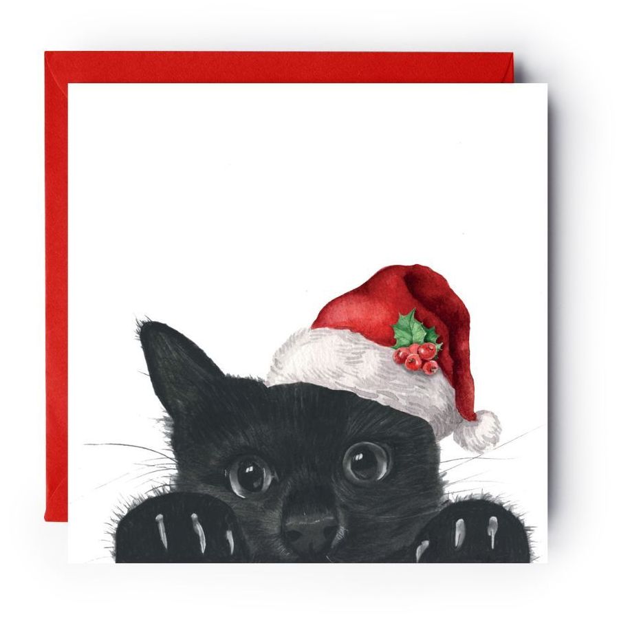 Peeking Cat Santa Hat Christmas Card
