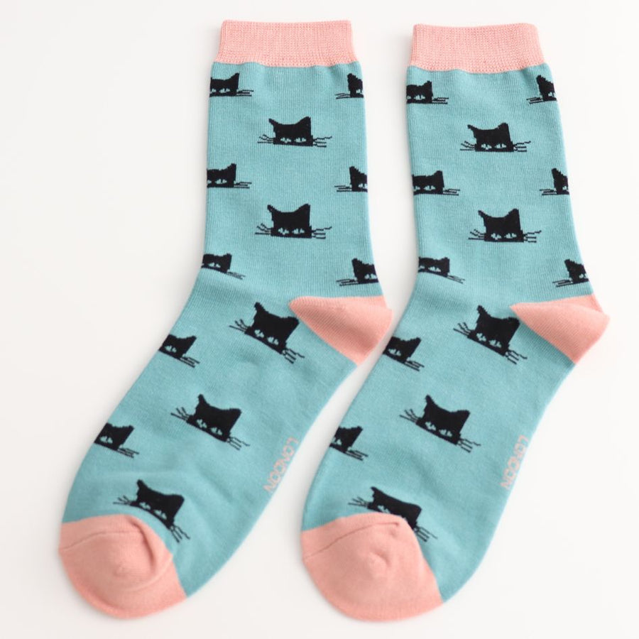 Peeking Cats Socks, UK 4-7 Duck Egg