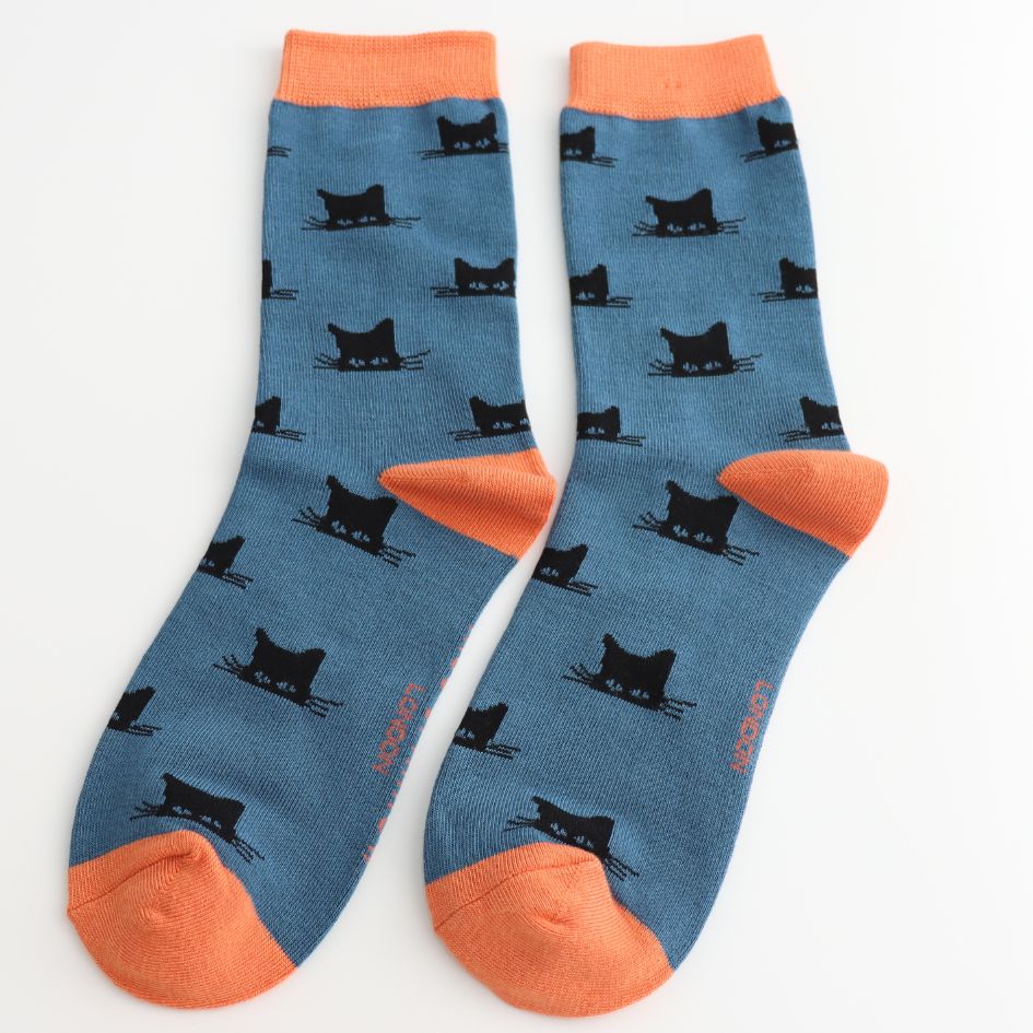 Peeking Cats Socks, UK 4-7 Denim