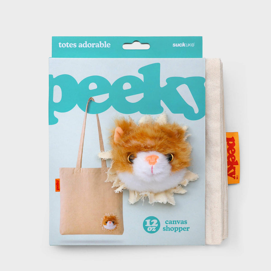 Peeky Totes Adorable canvas shopper in its retail packaging, featuring a plush orange and white cat face attached to a beige canvas tote bag.
