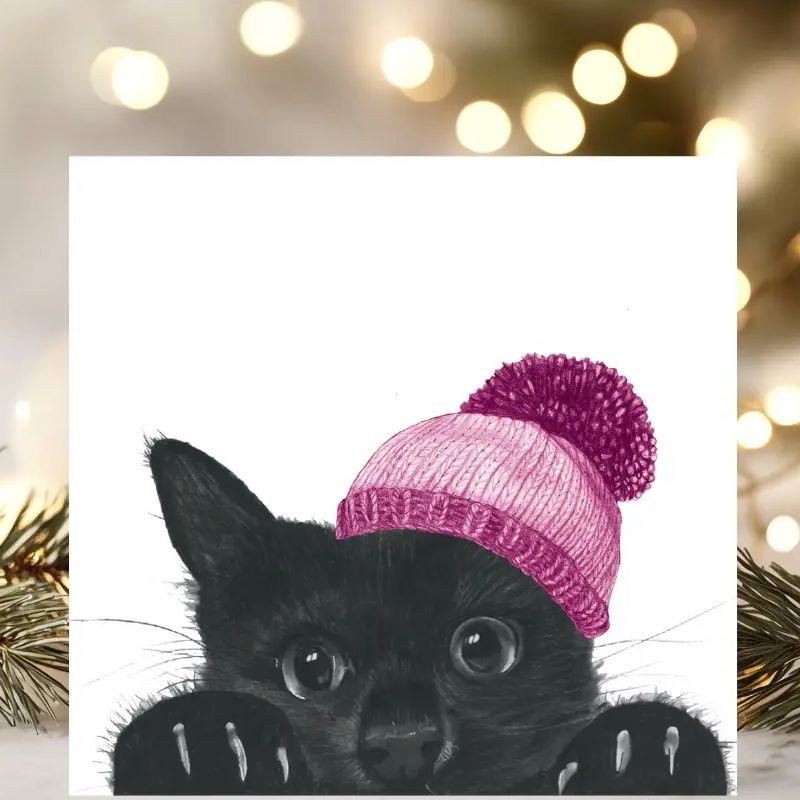 Peeking Cat Bobble Hat Card