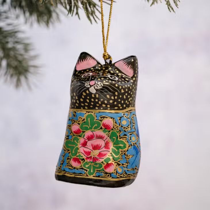 Fair Trade Painted Cat Decoration, Pink-Blue Floral