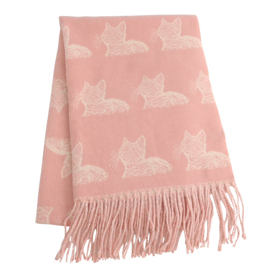 A dusty pink woven scarf with cream-colored cat silhouettes and a fringed edge, shown against a plain white background.
