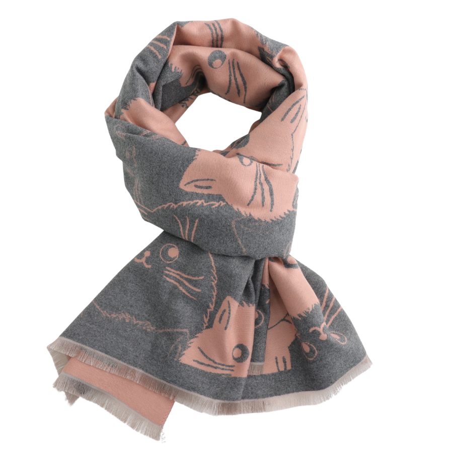 A grey and dusty pink scarf featuring a playful cartoon cat pattern, styled in a loop with fringed edges