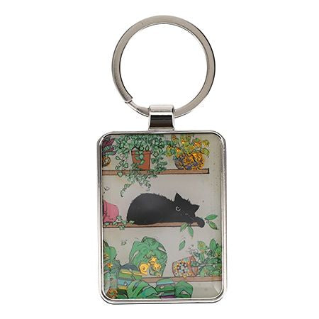 Black Kitty Keyring. Cat with plants