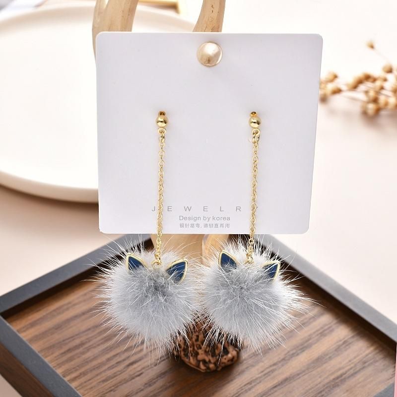 Grey Cat Head Earrings with gold tipped blue ears and a long chain