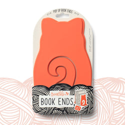 An orange cat shaped design, on backing card, labelled Bookends. 