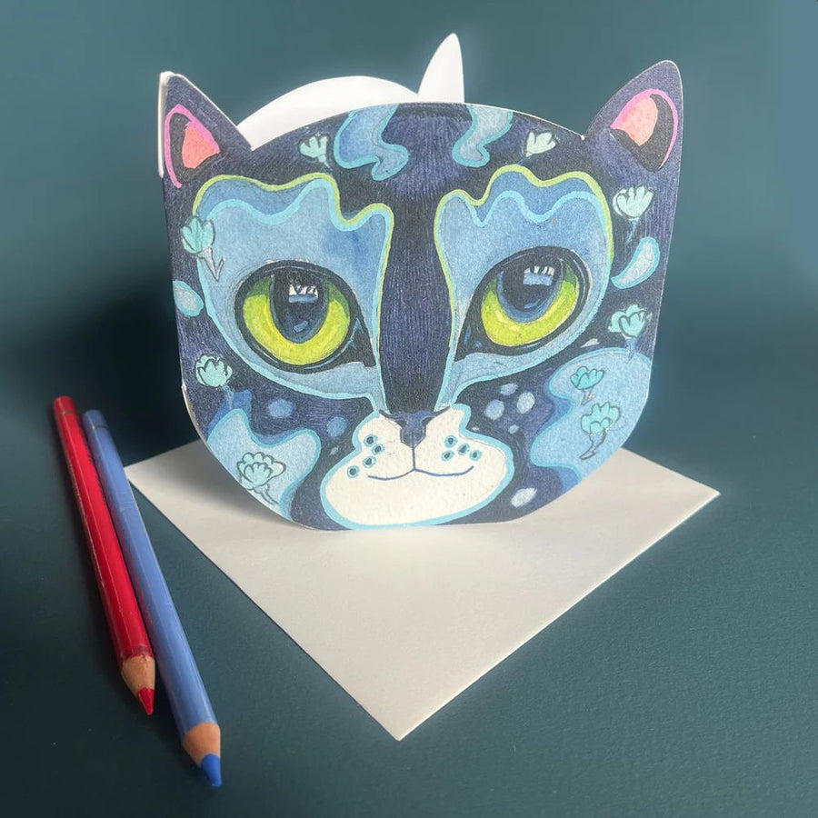 Prussian Blue Cat Face Die Cut Greetings Card