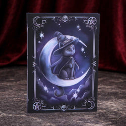 Notebook with a cat in a witch hat on a crescent moon against a dark background with stars and pentagrams.
