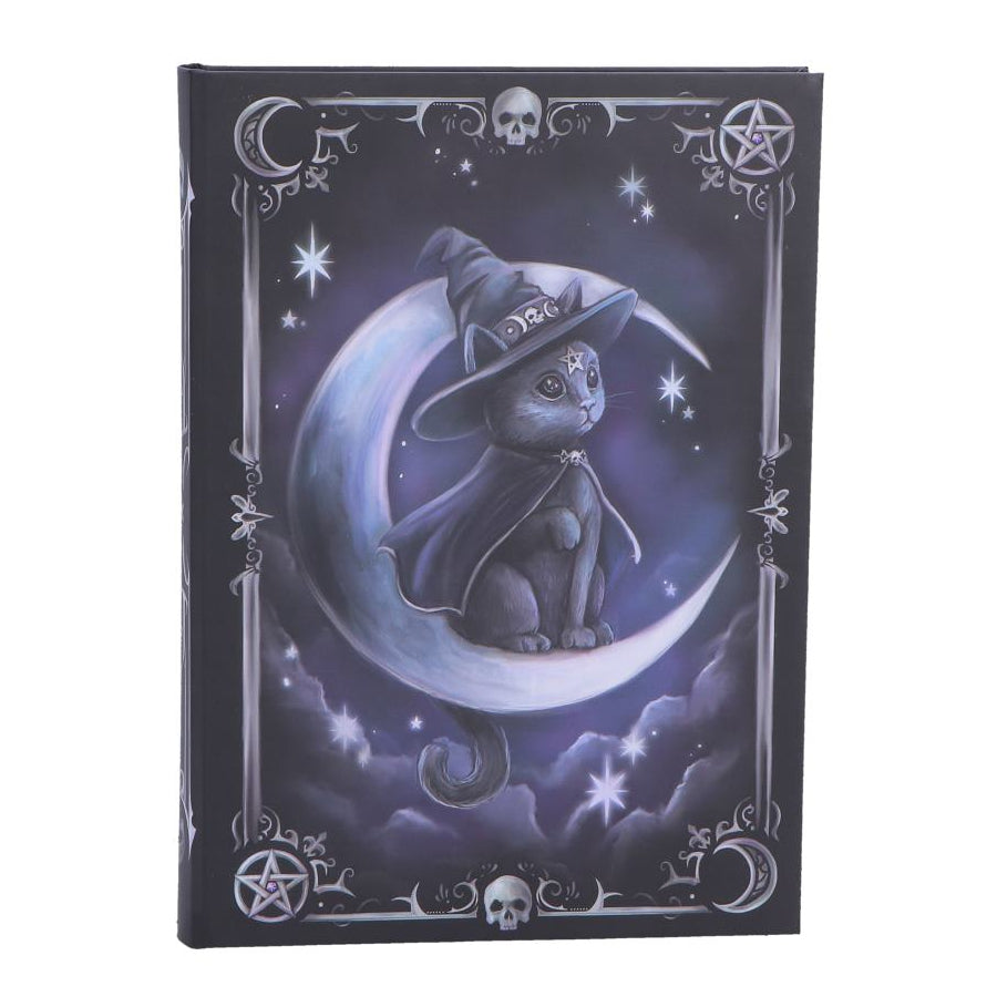 Notebook with a cat in a witch hat on a moon design on a white background