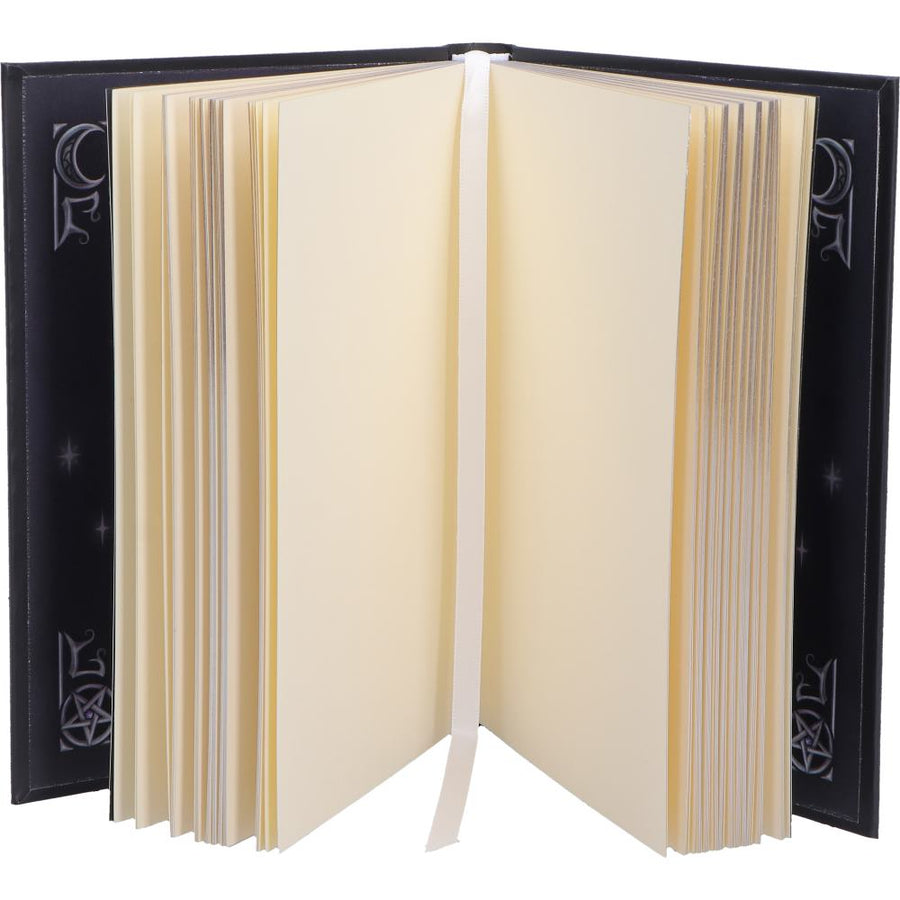 Open book with black leather binding and embossed designs on a white background