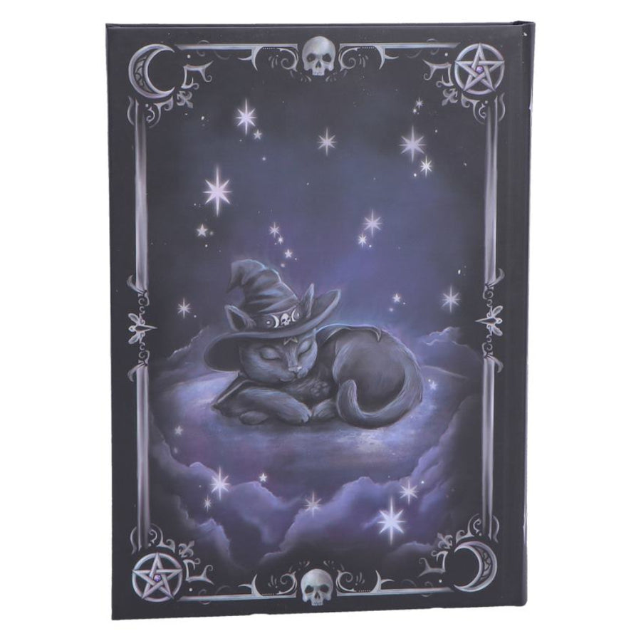 Decorative notebook with a cat in a witch hat under stars on a dark background