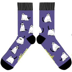 A pair of purple socks with white ghost and black cat patterns