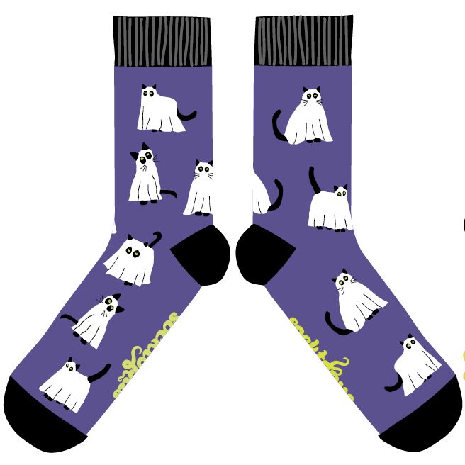 A pair of purple socks with white ghost and black cat patterns