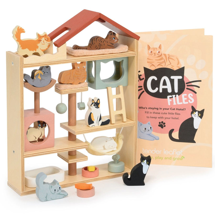 Wooden cat toy house with various cat-shaped toys and a 'Cat Files' cover on a white background