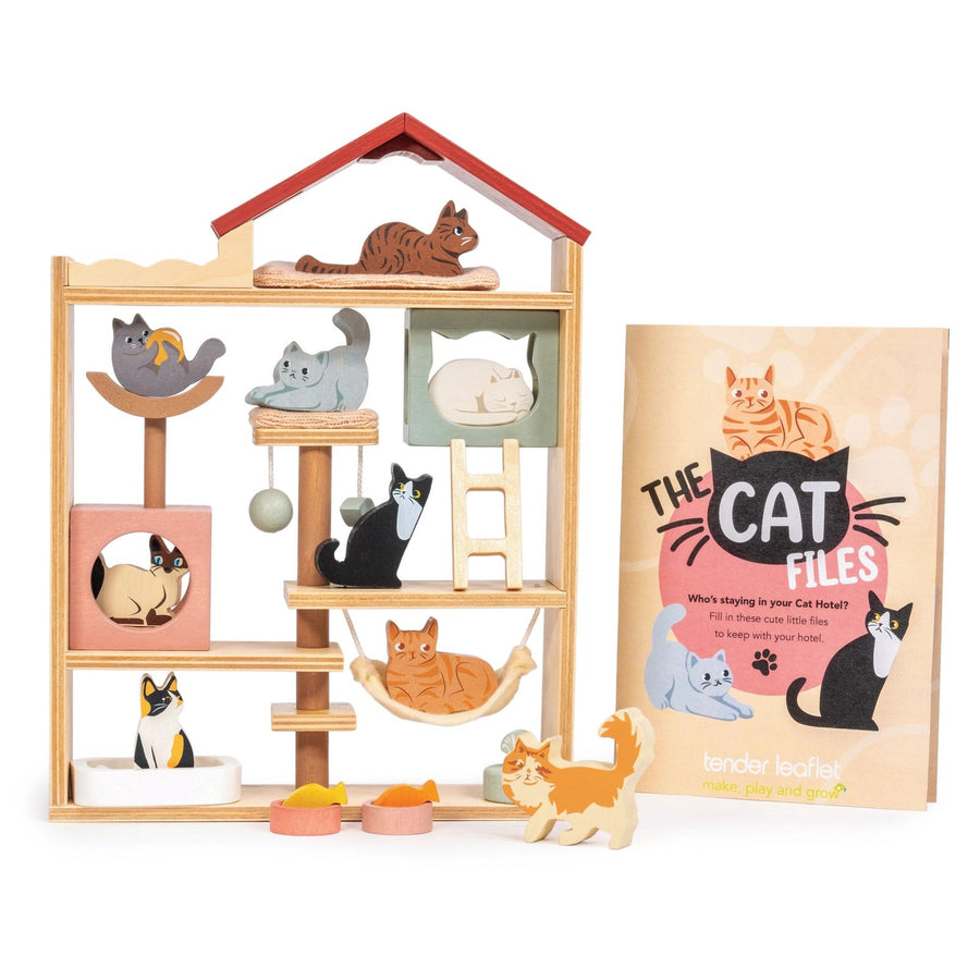Wooden cat toy house with various cat-shaped toys, beds and scratching posts