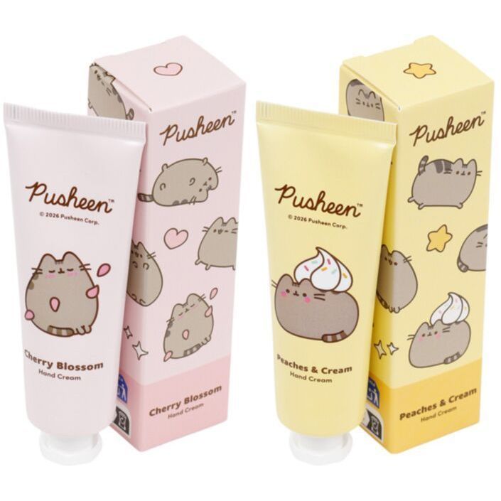 Two sets of Pusheen hand cream with pink and yellow packaging on a white background