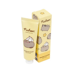 Pusheen peaches and cream scented hand cream with packaging on a white background