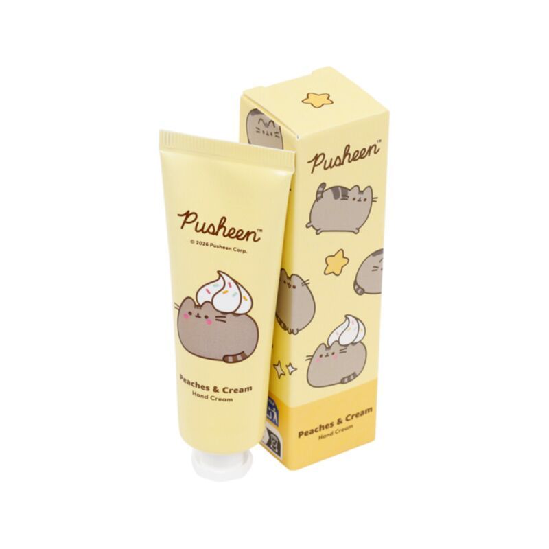 Pusheen peaches and cream scented hand cream with packaging on a white background