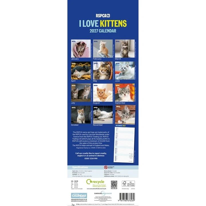 Back cover of RSPCA I Love Kittens 2027 calendar with cat images on a blue background