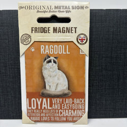 A packaged metal fridge magnet featuring an illustration of a fluffy Ragdoll cat. The card packaging reads 'The Original Metal Sign Co.