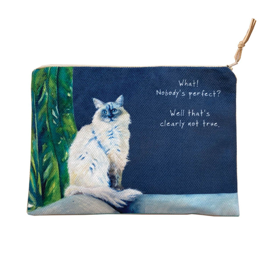 Pouch with a Ragdoll cat illustration and text on a blue background