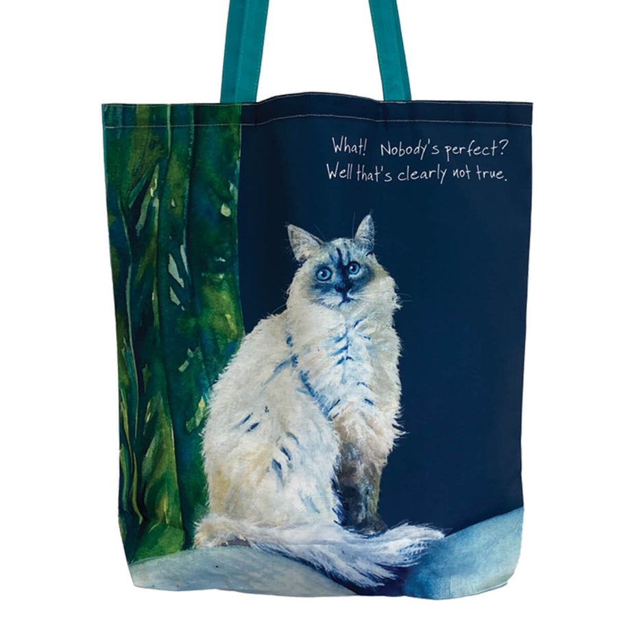 Tote bag with Ragdoll cat illustration and text on a blue background