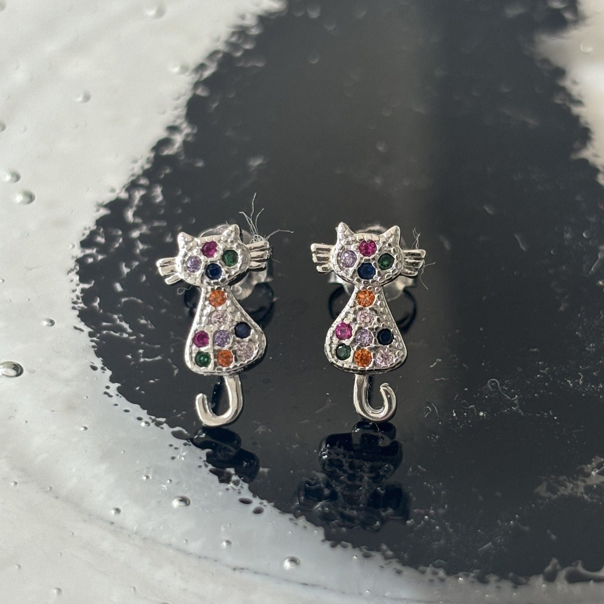 Sterling Silver Rainbow Cat Earrings