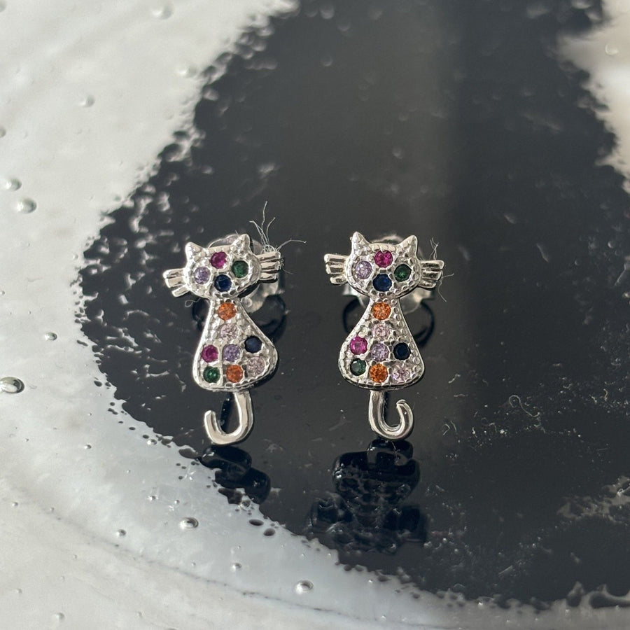Sterling Silver Rainbow Cat Earrings