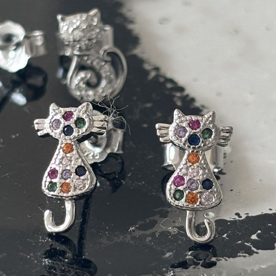 Sterling Silver Rainbow Cat Earrings
