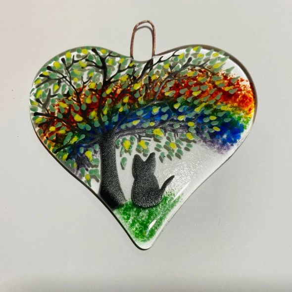 Rainbow Cat Hanging Glass Heart