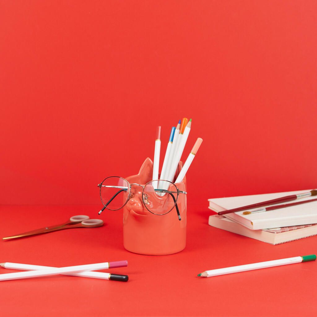 Red Ceramic Cat Pen and Glasses Holder