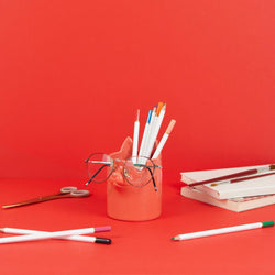 Red Ceramic Cat Pen and Glasses Holder