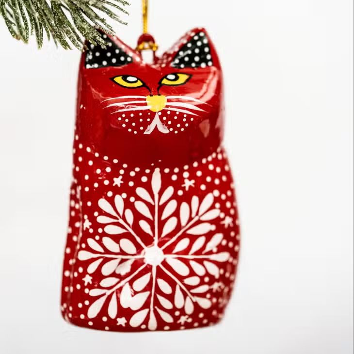 Fair Trade Painted Cat Decoration, Red Snowflake